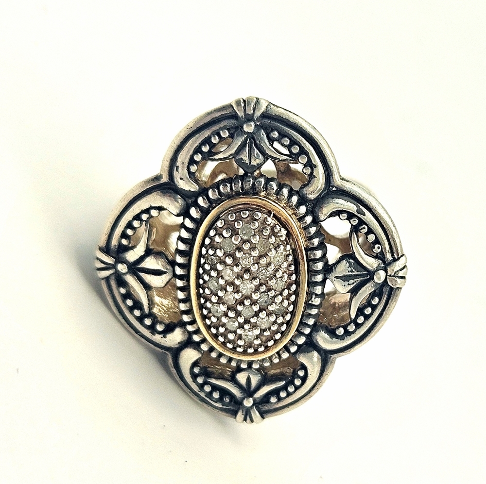 14k gold & sterling silver pave diamond statement art deco ring size 6
